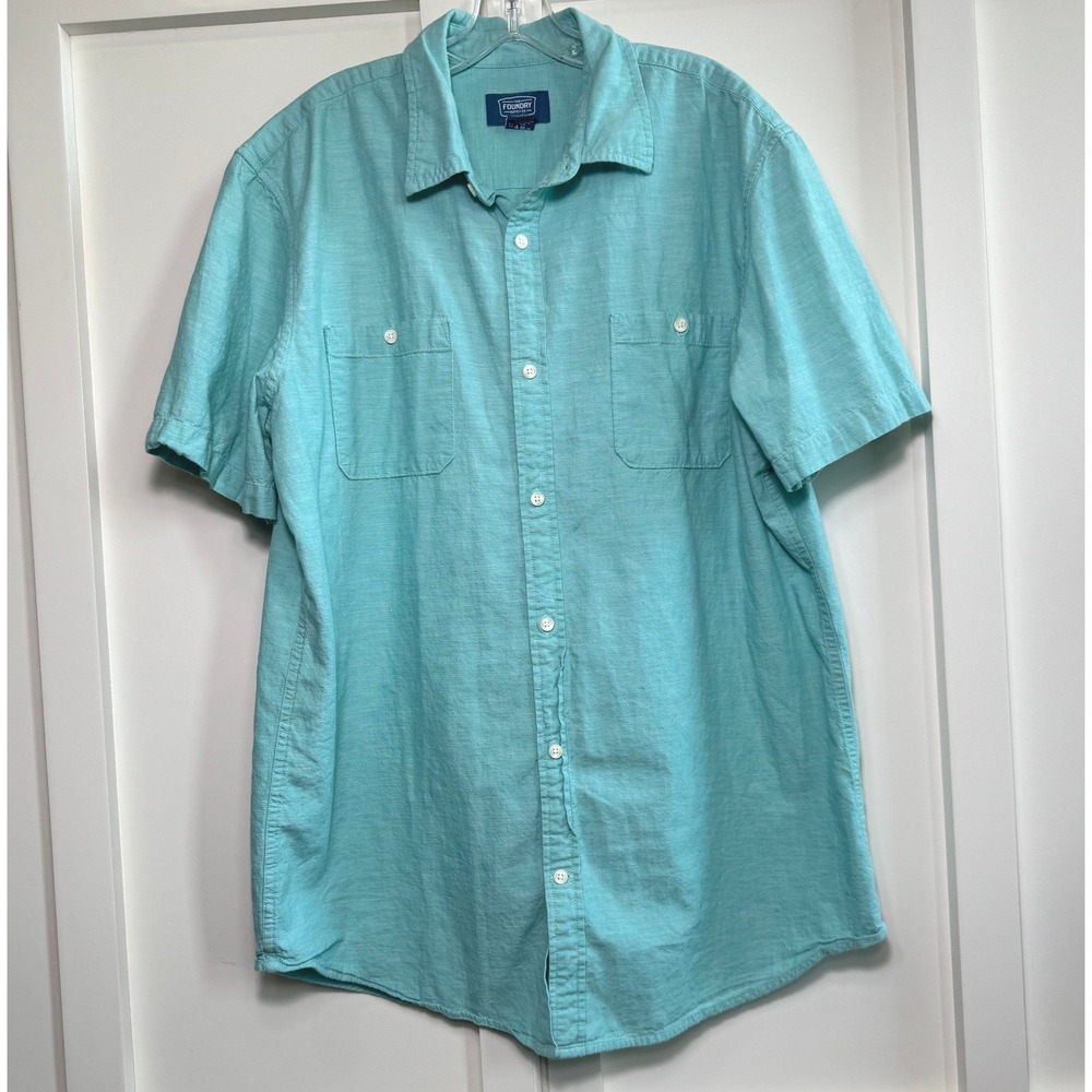 The Foundry Supply Co Young Mens XLT Aqua Short Sleeve Cotton Button Down Shirt - Picture 2 of 6